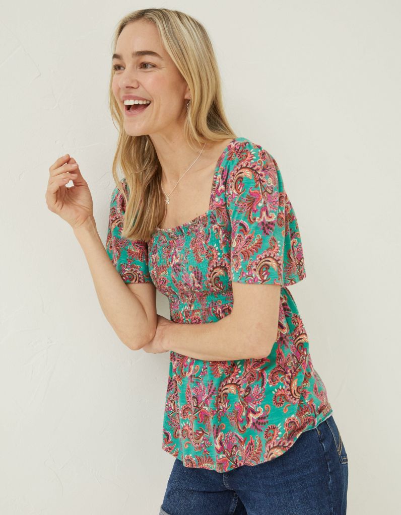 Women FatFace Tops & T-Shirts | Lucia Festival Floral Top Teal Green